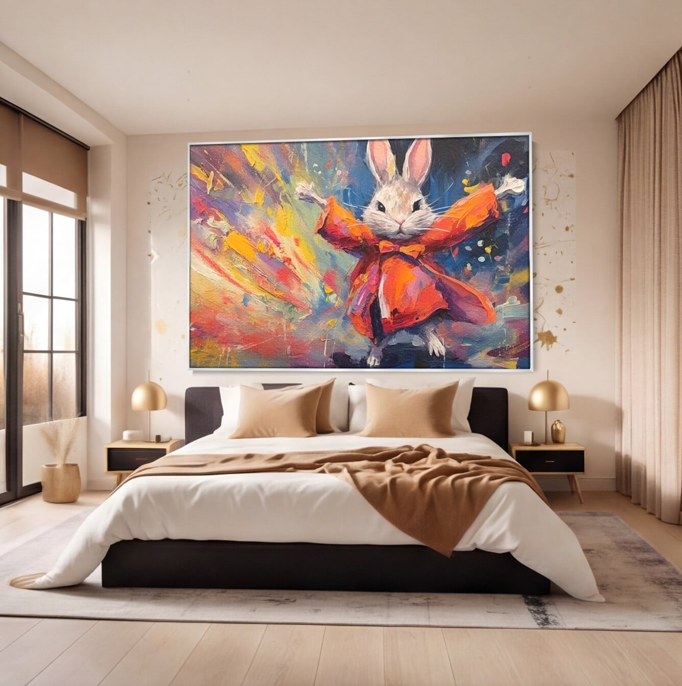 Tablou canvas cu tablou canvas cu iepuras magician colorat, in rama de aluminiu argintiu, pe perete intr-un dormitor